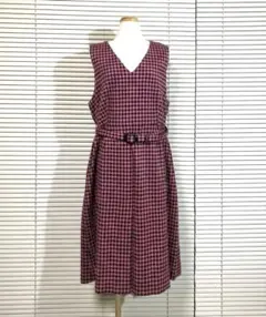 レディースMサイズ ピンク千鳥格子 ノースリーブ コットンワンピース 昭和レトロ