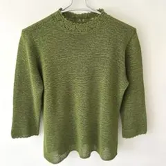ニット レースの襟　七分袖　グリーン　トップス　透け感　ハイネック　レディース