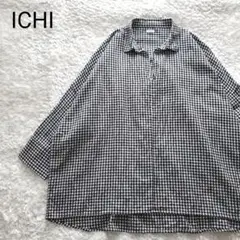 ichi イチ リネン混 ギンガムチェック 七分袖 シャツ ワイド