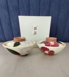 泉窯 松本政昭(光包)　 蓋つき飯碗 2客セット 椿文様のサムネイル