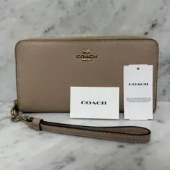 美品 COACH コーチ ラウンドファスナー 長財布 ベージュ 本革 ストラップ