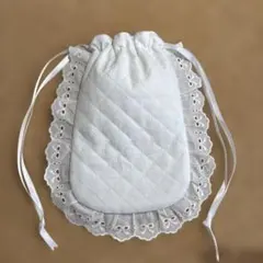 フリルレース付き　スマホ巾着ポーチ　小物入れ　ハンドメイド