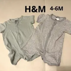 ライムグリーン、ストライプ柄ロンパース2点セット