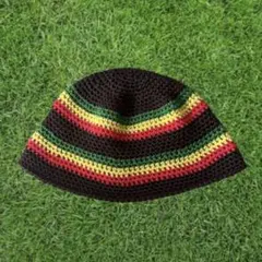 【ハンドメイド】クロシェハット　バケットハット　ニット帽　ビーニー　ラスタカラー