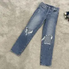 レディース　ダメージジーンズ　ライトブルー　ハイウェスト