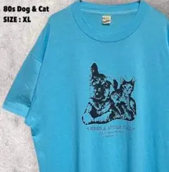 80s 犬 猫 ヴィンテージ 半袖 Tシャツ アニマル 動物 水色 ブルー系のサムネイル