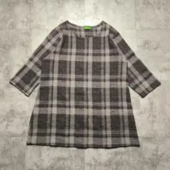 【チェック柄】チュニックワンピース 五分袖 レディースM ナチュラル ワンピース