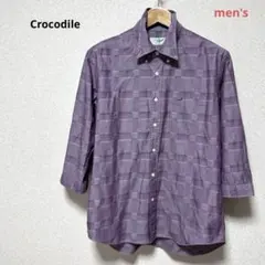 【美品】クロコダイル・幾何学模様　おしゃれシャツ　パープル　７部袖　XL
