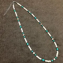 鼠*様 オフホワイト ターコイズ ビーズネックレス 40cm−45cm 3mmビ