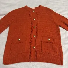 オレンジ フリンジ付きニットカーディガン