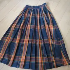 ネイビーオレンジチェック プリーツスカート M