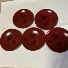 赤い漆器の皿 竹模様 5枚セット