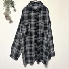 《Ｌ》オーバーサイズ｜チェックシアーシャツ｜長袖ブラウス｜白黒｜ブラック｜