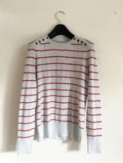 BANANA REPUBLIC 長袖ニットセーター グレー/赤ストライプ