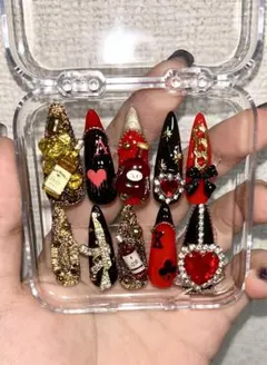 【現品】ネイルチップ 赤黒 ゴテゴテネイル トランプネイル