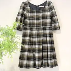 【ダズリン】スクエアネック＊チェック柄プリーツチュニックワンピース／ミニ丈／総柄