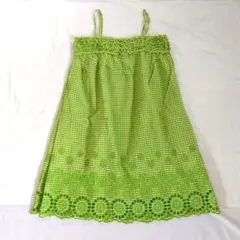 【値下げ】グリーン ギンガムチェック キャミワンピース スカラップ刺繍ワンピース