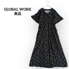 美品 グローバルワーク 花柄ワンピース L ロング フレア ネイビー Aライン