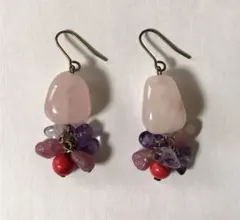 天然石　ピアス　ローズクォーツ　アメジスト　ターコイズ　ピンク　紫　ハンドメイド