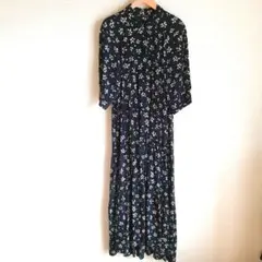 ZARA フラワープリントティアードロングワンピース 花柄　ブラック×イエロー