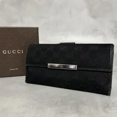 GUCCI GGキャンバス 二つ折り長財布 ロゴプレート ブラック レザー 