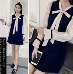 【春秋】フェミニン ボウタイワンピース ガーリー ネイビー×アイボリー M