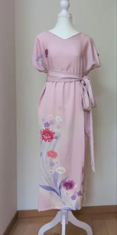 L～2Ｌサイズ　スワトウ刺繍の訪問着からの着物リメイクドレスです　着丈１１９cm L～2Lサイズ スワトウ刺繍の訪問着からの着物リメイクドレスです 着丈