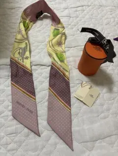 HERMES シルクスカーフ ドット柄　スモーキーピンク　イエロー
