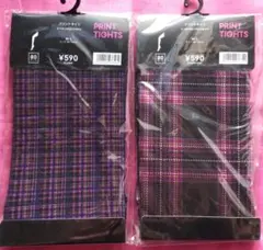 プリントタイツ M-L 紫系チェック柄 2枚セット