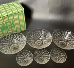 昭和レトロ　長谷川硝子　そうめん鉢3個　蕎麦猪口3個　セットのサムネイル