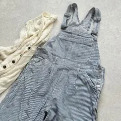 ストライプ オーバーオール〔L〕デニム テーパード ブルー＆ホワイト つなぎ