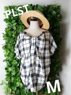 【完売品】PLST ビッグチェック モノクロ リネン リボン 半袖 ブラウス