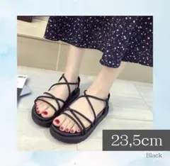 サンダル 23.5 ナロー ストラップ ヒール 厚底 ブラック 靴 韓国 軽い