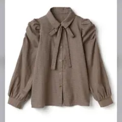 ボウタイ付きパワショルチェックブラウス[tu93] GRL