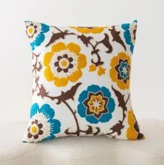 刺繍 クッションカバー た45×45 花柄 モロッカン 青 黄 茶