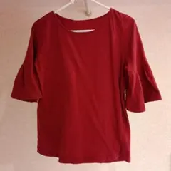 ワインレッド フレアスリーブ Tシャツ 五分袖 Mサイズ