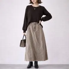 グローバルワーク［M］大人カジュアル◎こなれ感◎裾フリンジ◎デニムロングスカート