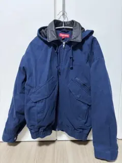 Supreme レザー襟 フーデッドジャケット ネイビー Sのサムネイル