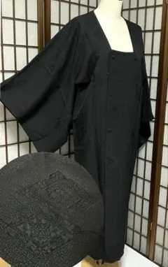 b396正絹　袷　道行コートロング　地紋　黒　極美品　着物