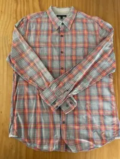 メンズコットンシャツ オレンジ系チェック柄 XL