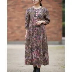 ヴィンテージ　花柄ワンピース　Aライン　レトロ　フレア　昭和　長袖　一点物　個性