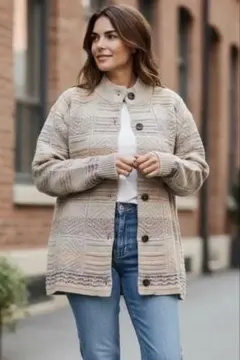 新品未使用タグ付き　アルパカ混　ミックスボーダー柄　ニットカーディガン M