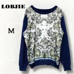 ロブジェ ペイズリー柄 異素材切替 ニット Mサイズ　ネイビー　長袖　トップス