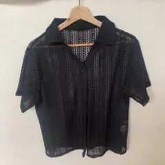 MONO-MART 半袖 透かし編みシャツ ブラック Fのサムネイル