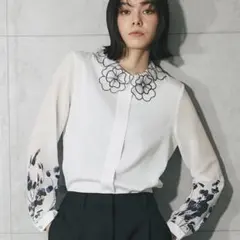 シャツ　ブラウス　ホワイト　花柄　シアー　L 韓国