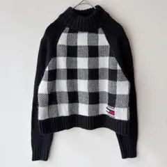 美品 トミーヒルフィガー ニット ハイネック 長袖 クロップド S ブロック 黒のサムネイル