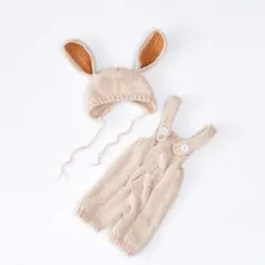 ニューボーンフォト衣装 ベージュ オーバーオールとうさぎ耳帽子セット