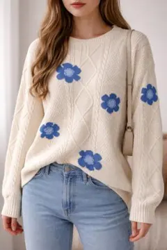 新品(B69)MCGREGOR 花柄 綿ポリ混セーター Lアイボリー定価1.8万