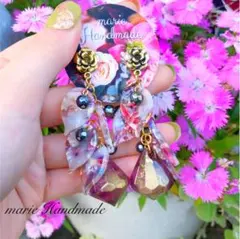 #456 1点物 花びら ピンクベージュ パープル アンティークピアス