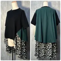 CLANE クラネ トライカラー 異素材切替 アシンメトリーヘムチュニック 花柄のサムネイル